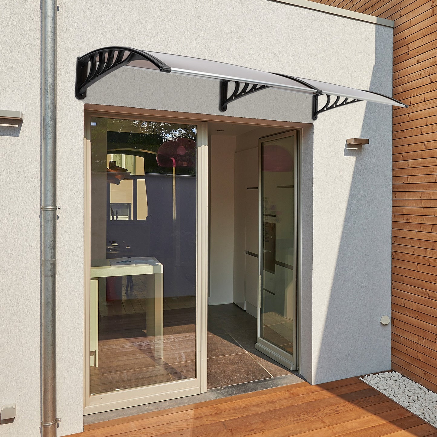80x38in Door Window Awning With Brown Polycarbonate Panel & Black Bracket, Outdoor Rain Snow Sun Shade Cover, Durable 10-Year Lifespan, Easy Install