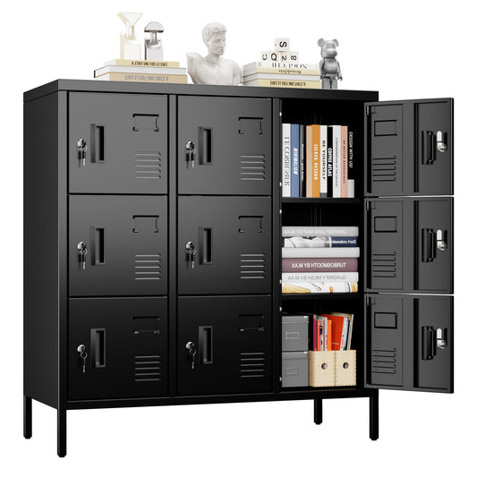 SUPEER Metal Lockers For Employees With 9 Doors,Lockable Metal Locker With Keys And Card Slot,Office Storage Locker For School Gym Home,15.79inch D X 35.51inch W X 37.8inch H,Black,Assembly Required