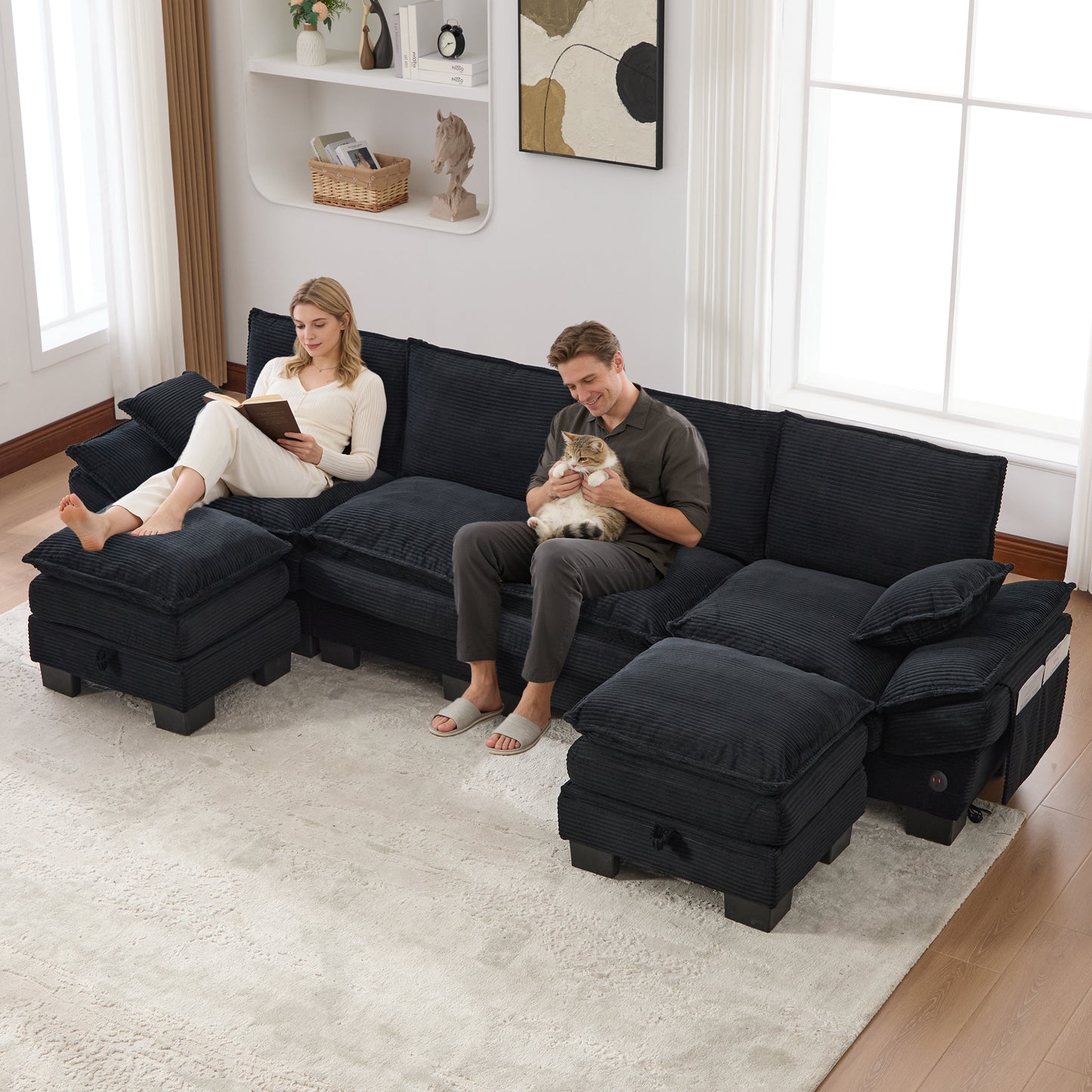Modular 4-seater Corduroy Sofa  With 2 Stools Wide Seat, Ergonomic Design, High-density Foam Padding, USB-C Port And Side Pockets.Ideal For Living Room, Office Or Lounge.Black