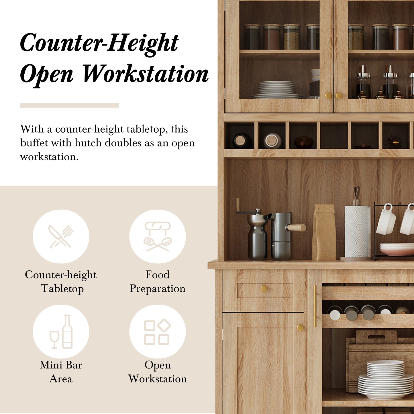 TOPMAx Farmhouse 35.4x17.7x74.8inch Freestanding Buffet With Hutch  Tall Kitchen Pantry Storage Cabinet With Wine Rack And Adjustable Shelves For Dining Room  Natural