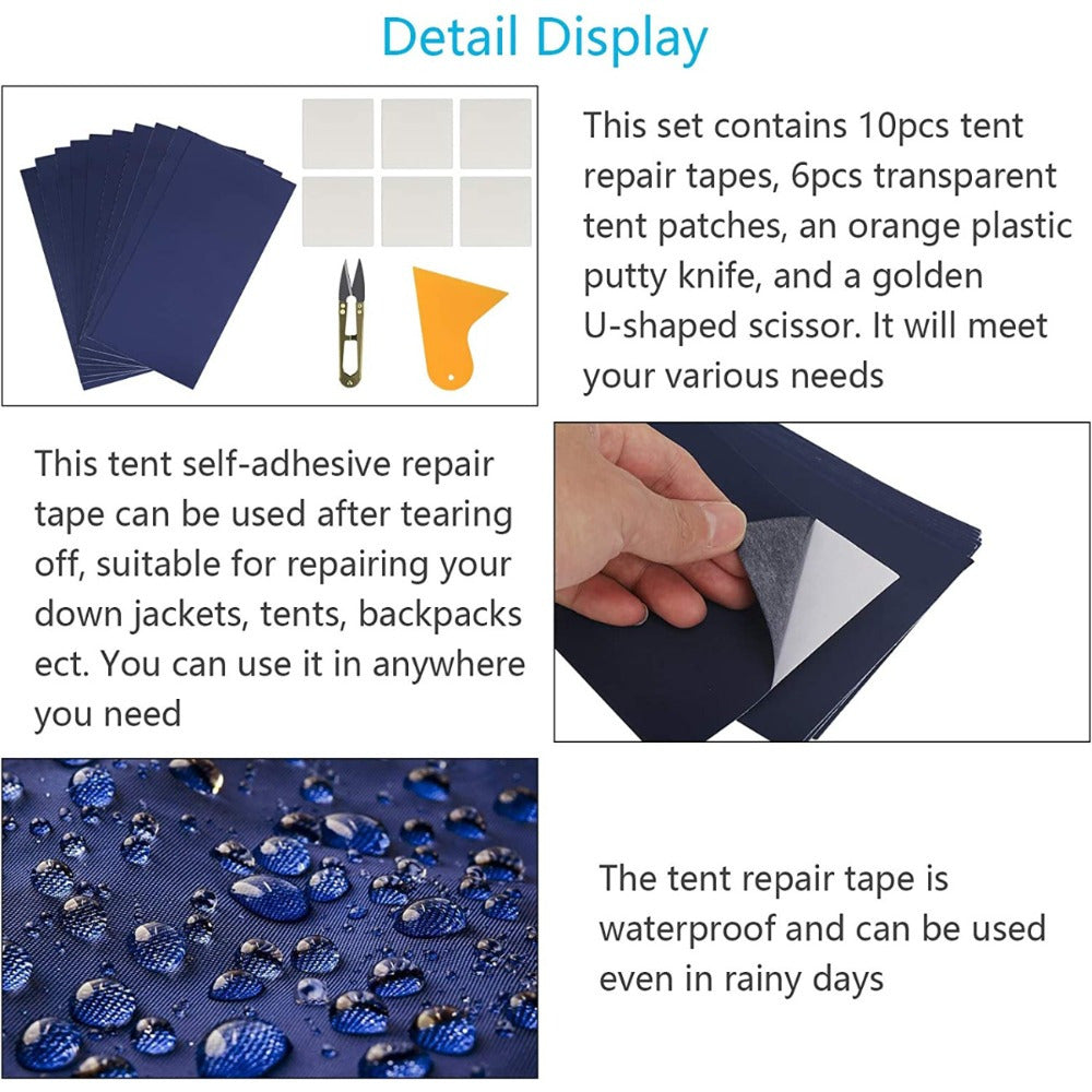 Tent Repair Patch Set With Spatula & Tape, 17-piece Repair Set For Tents, Tarps, And Outdoor Gear; Self-adhesive Patches For Tears And Holes