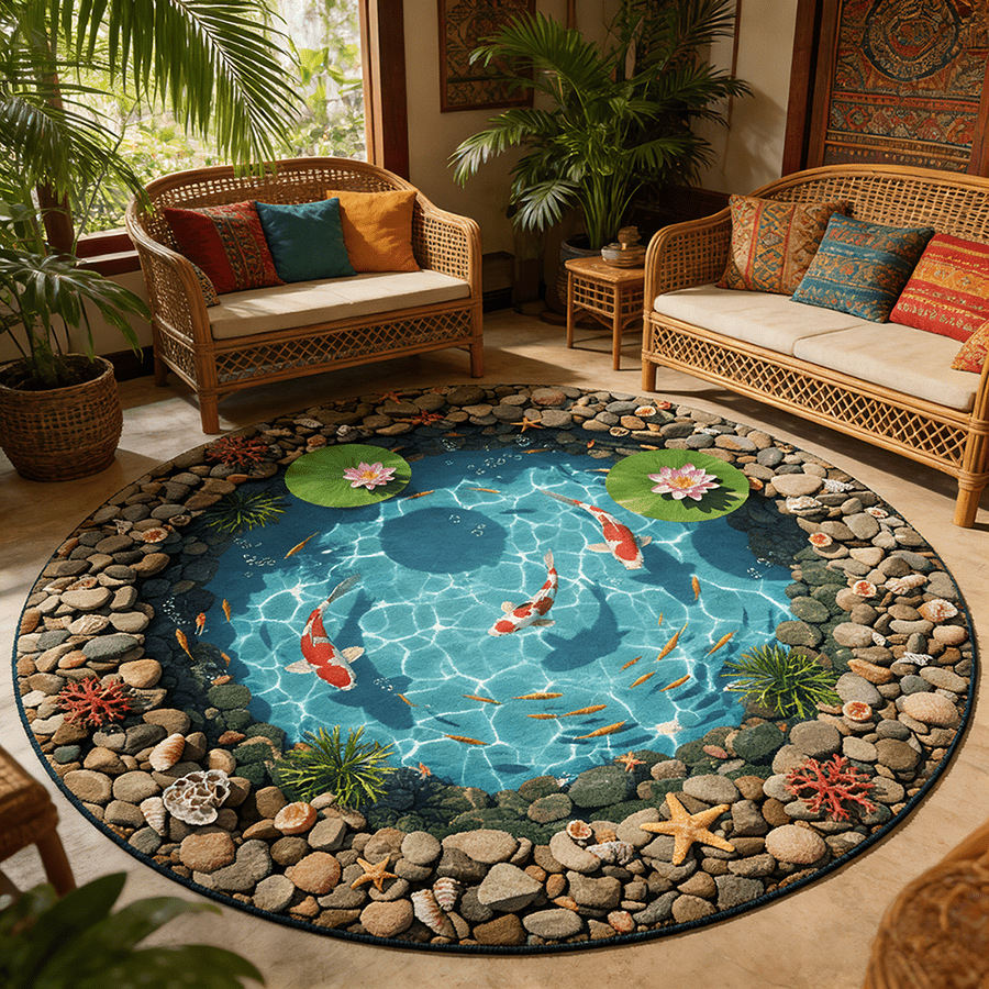 Cross-border Temu Lotus Pond Koi Round Bath Mat