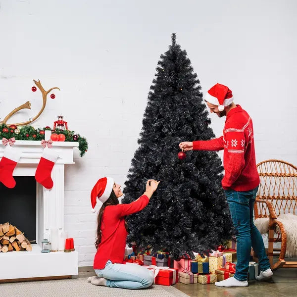 7.5 FT Pre-lit Artificial Christmas Tree, Hinged Xmas Pine Tree With 1350 Branch Tips, 400 Lights And Remote Control For Holiday Party Office Home, Black