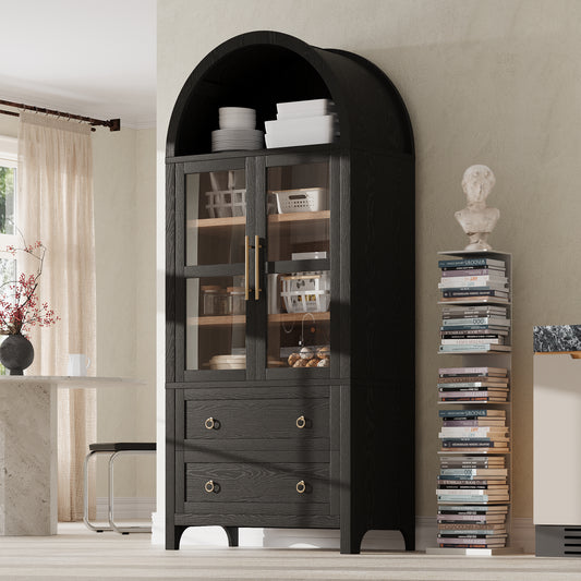 K&K 71  Tall Arched Kitchen Pantry Cabinet With 2 Large Drawers, Modern Farmhouse Kitchen Storage Cabinets With Adjustable Shelves, Glass Door, Wood Versatile Cupboard For Kitchens, Dining Room, Black