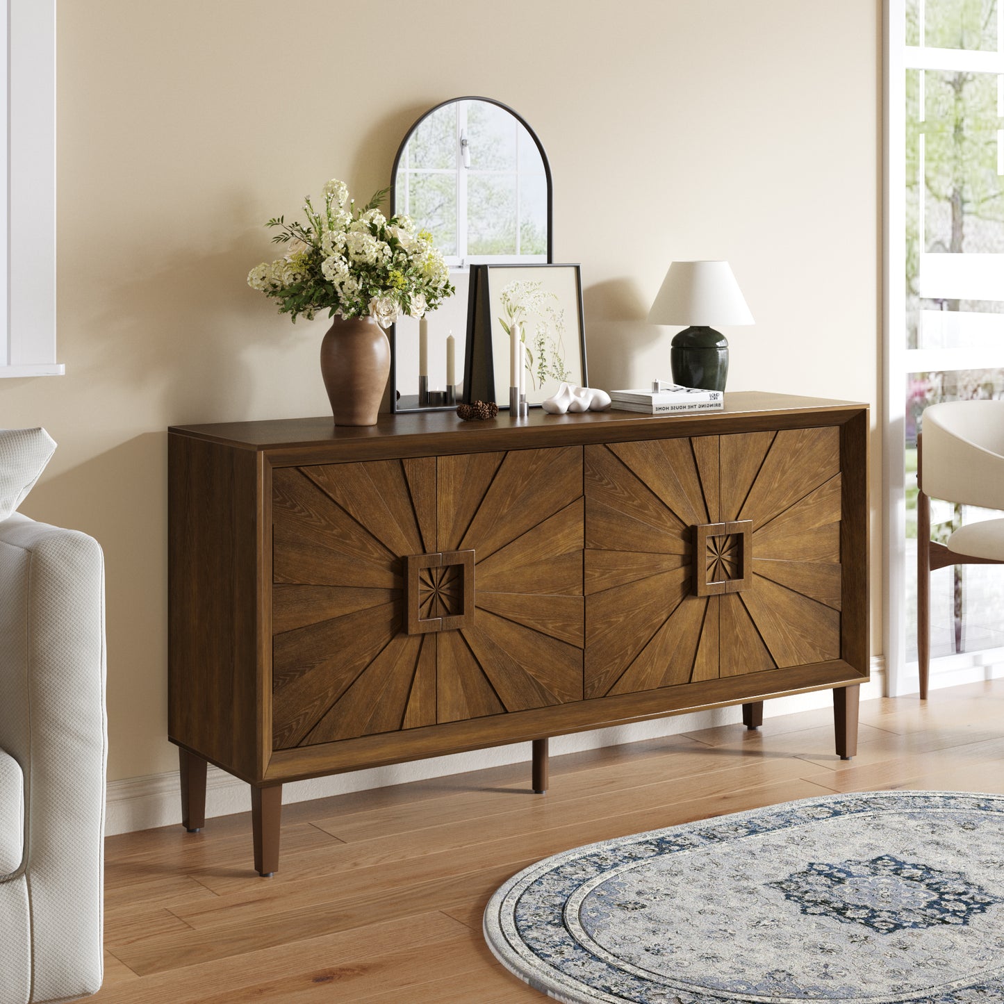 60   Premium Rustic American Farmhouse Credenza - Symmetrical Sunburst Door Design, Heavy-Duty Antique Wood TV Stand With Adjustable Shelves, Storage Cabinet For Living Room Kitchen  Antique Brown