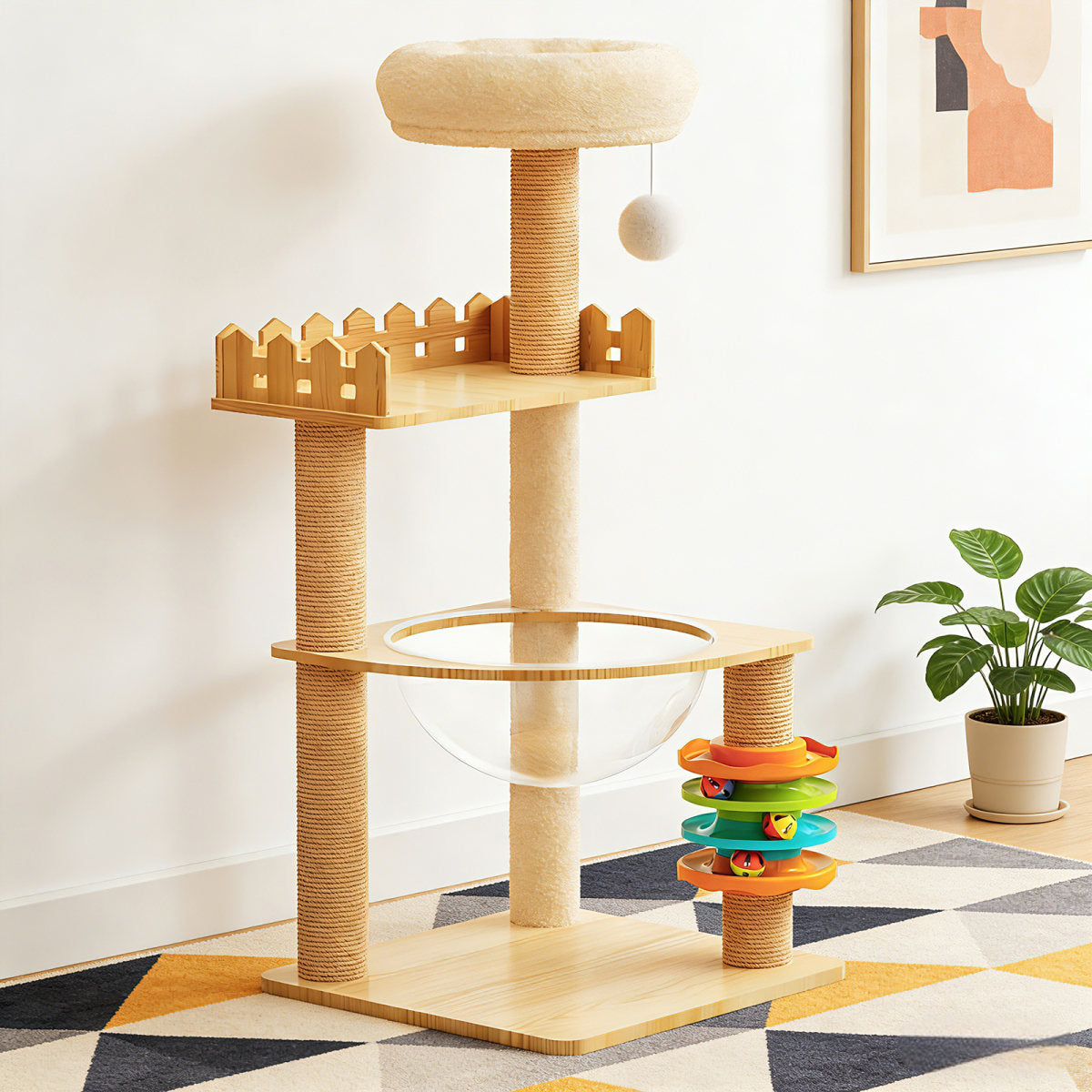 39.3 Modern Cat Tower, Wood Cat Tree Tower For Indoor Cats, Cat Treewith Sisal-Covered Scratching Posts And Top Perch, Cat Condo With Acrylic Hammock And Toys For Small Large Cats
