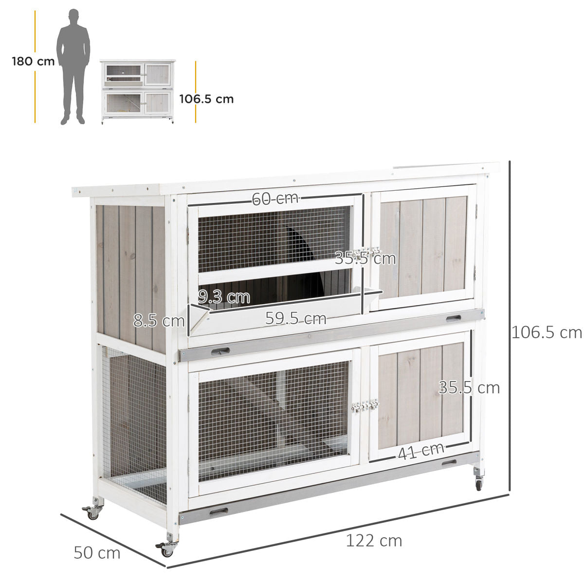 PawHut Wooden Pet Hutch, Two-Tier Cage With Rain Cover, Wheels, White