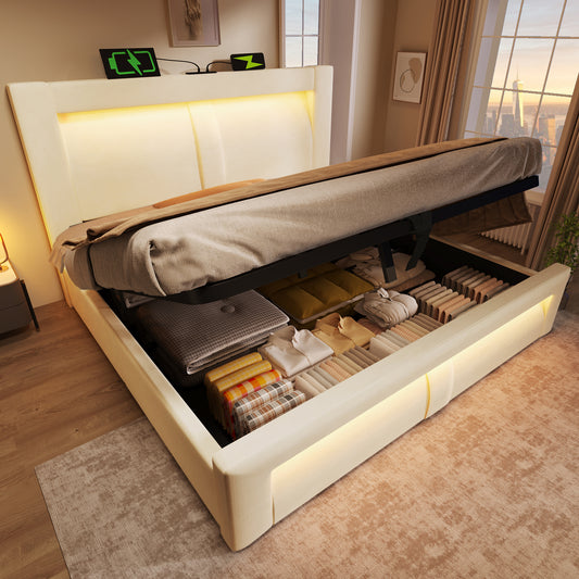 Double Bed 160x200 Cm With Storage, Hydraulic Bed, LED Lighting With App Control, USB & Type-C Charging Ports, Velvet, Headboard With Curved Design, Beige, Without Mattress