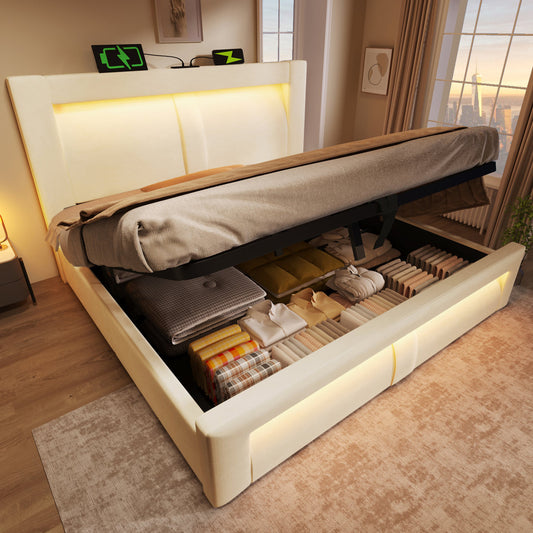 Double Bed 180x200 Cm With Storage, Hydraulic Bed, LED Lighting With App Control, USB & Type-C Charging Ports, Velvet, Headboard With Curved Design, Beige, Without Mattress