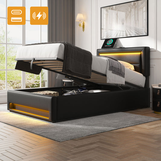 Upholstered Bed 90 X 190 Cm, With USB Port  Supports Wireless And Wired Charging , With LED Lighting And Storage, Without Mattress, PU Lychee Pattern, Black