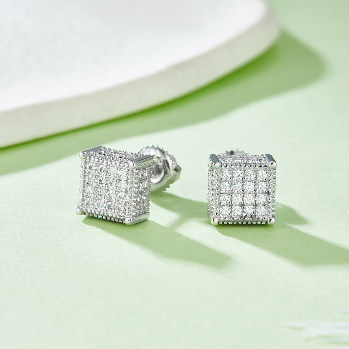 S925 Sterling Silver 96pcs D Color VVS1 Moissanite 3D Cube Stud Earrings 7.6mm Screw Back Hypoallergenic GRA Certified Gift Box