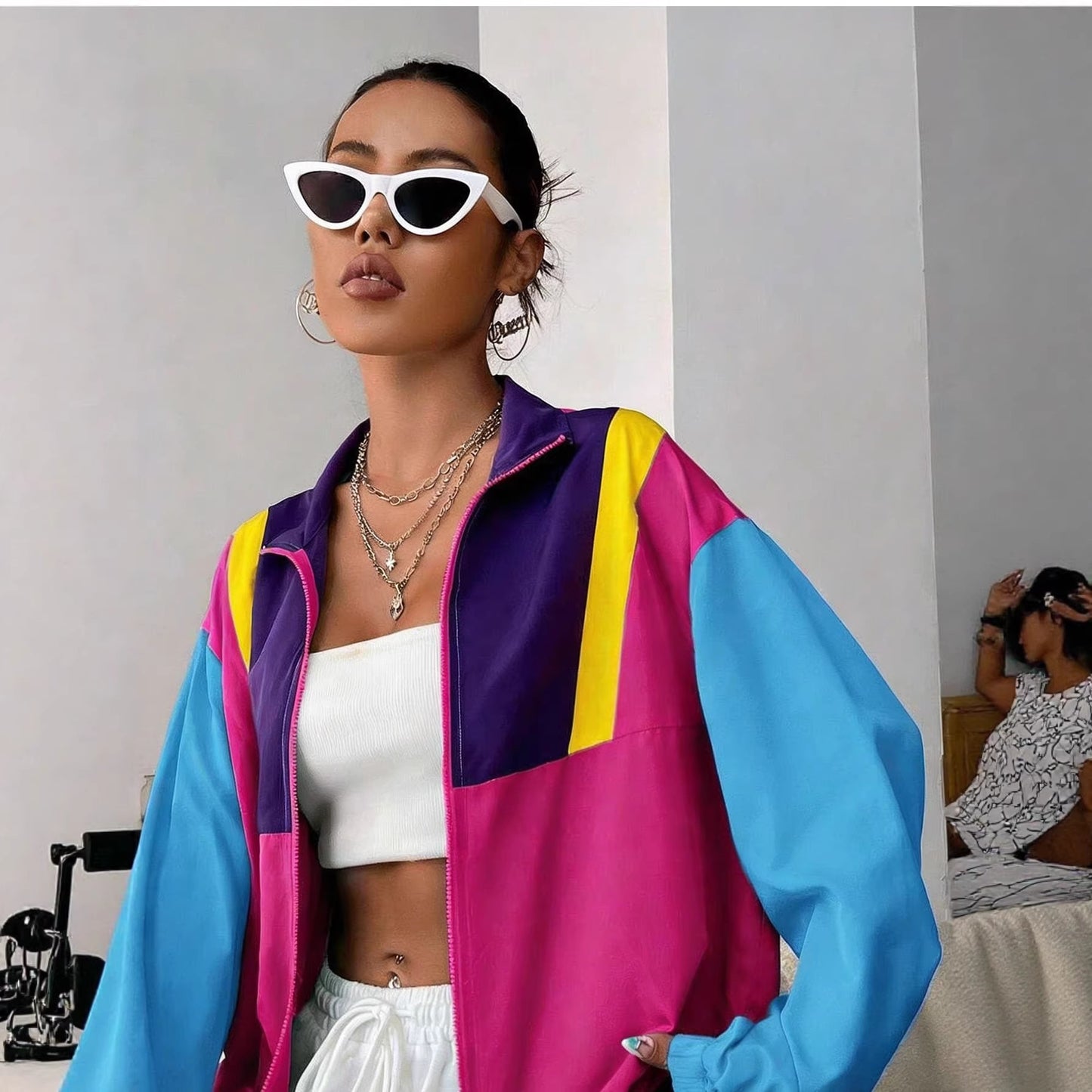 New Summer Casual Color-block Patchwork Zip-up Jacket For Women