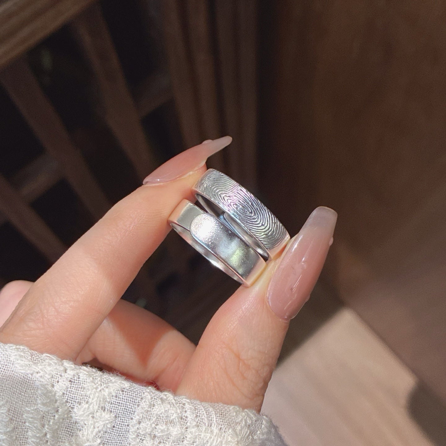 Set Of 2 999 Sterling Silver Engraved Fingerprint Rings, Elegant Sentimental Style, Ideal For Anniversaries & Wedding Gifts