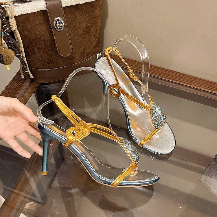 2026 Summer New Women's Rhinestone Open Toe Sandals, Stiletto Heel Single Strap High Heels, Elegant French Style Ladies Shoes