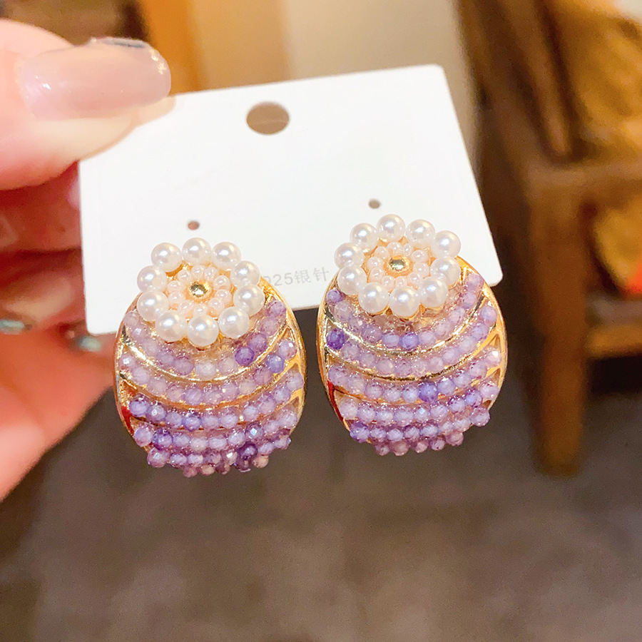 Korean Elegant Crystal Earrings For Women Purple Flower Rhinestone Premium Versatile