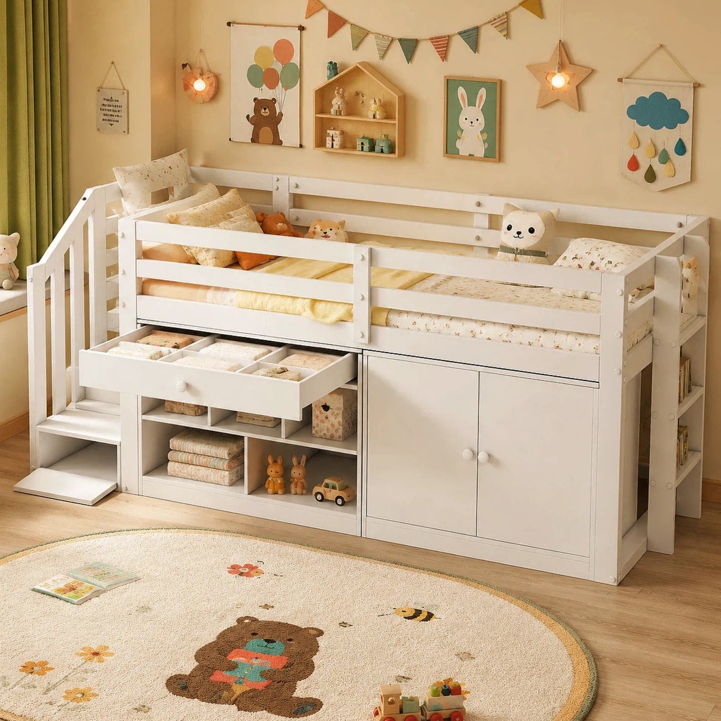 Multifunctional Wooden Cot, With Stairs And Storage Space, Stairs Cupboards Interchangeable Left And Right, Drawers Can Be Turned Around And Used As A Desk, 90x200, White OLD SKU N634P182446780W