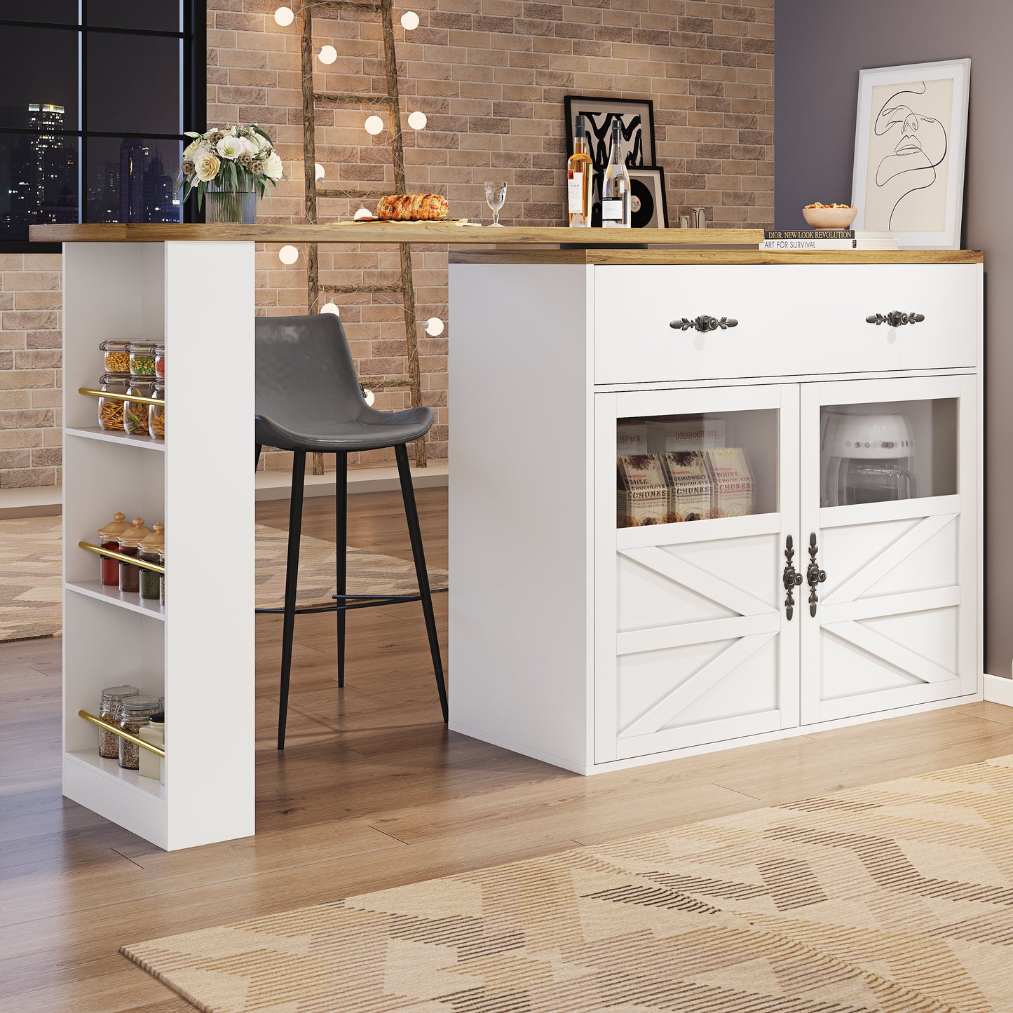Extendable Bar Table With Storage  138-204x39x104cm , 360 Rotatable Edible,Modern Movable Bar Table,High Table Kitchen Island Bistro Table, Sideboard Cabinet With Shelves, White