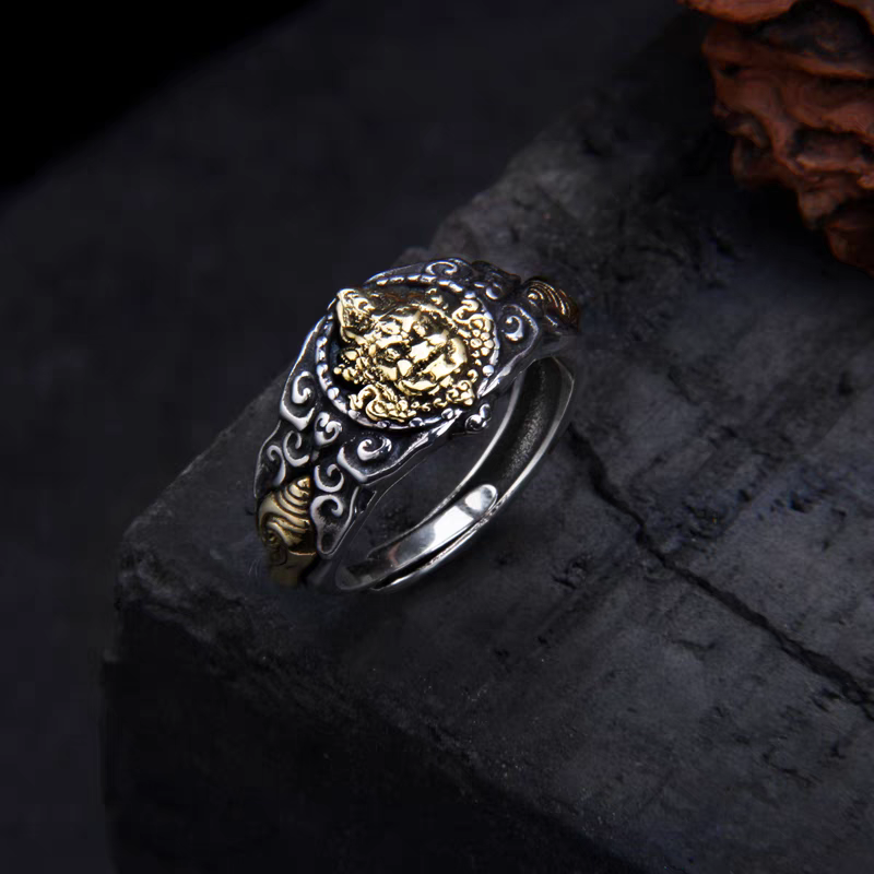 1pc 999 Sterling Silver Two-tone Wealth God Open Ring, Retro Ethnic Style, Perfect For Daily Wear & Valentine's Day Gift