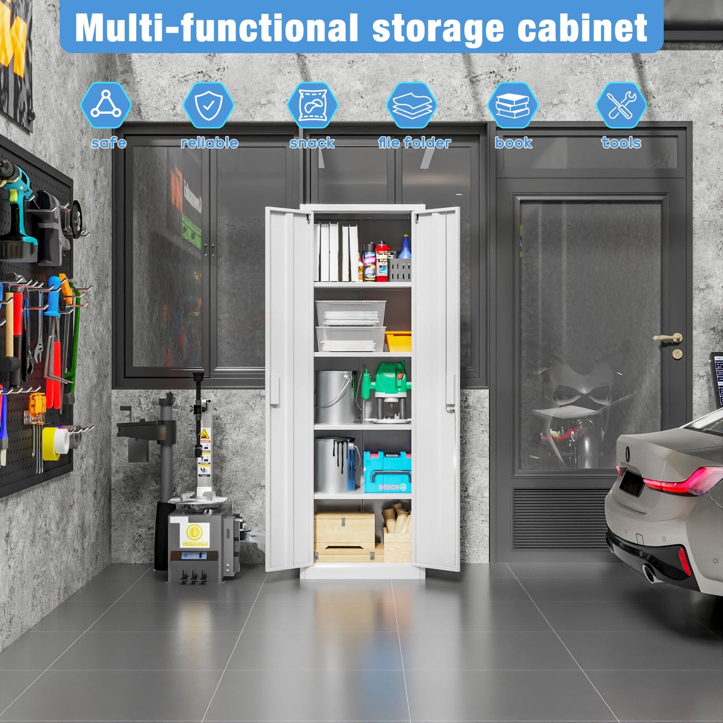 Narrow Metal Garage Storage Cabinet, Lockable Narrow Steel Storage Cabinet With 4 Adjustable Shelves For Garage, Office, Home, Assembly Required, White