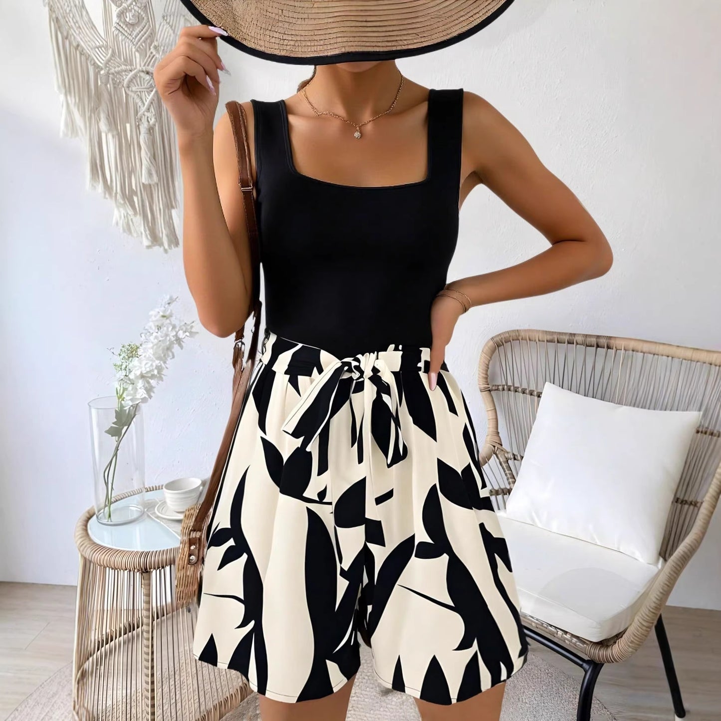 Women's Fashion Print Casual Strappy Wide Leg Bodysuit