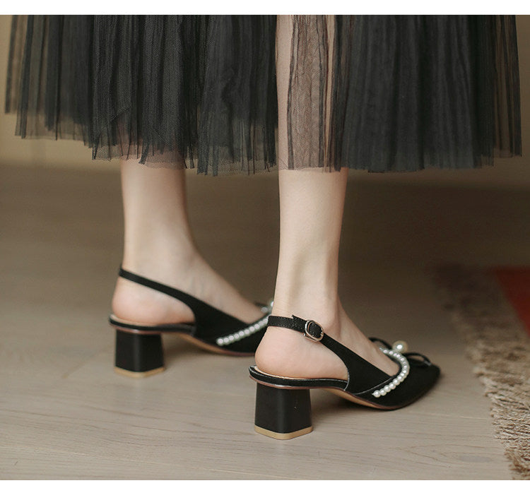 Women Block Heel Closed Toe Sandals, 2026 Summer New Fashion Square Toe Back Strap Pearl Fairy Style High Heel Pumps