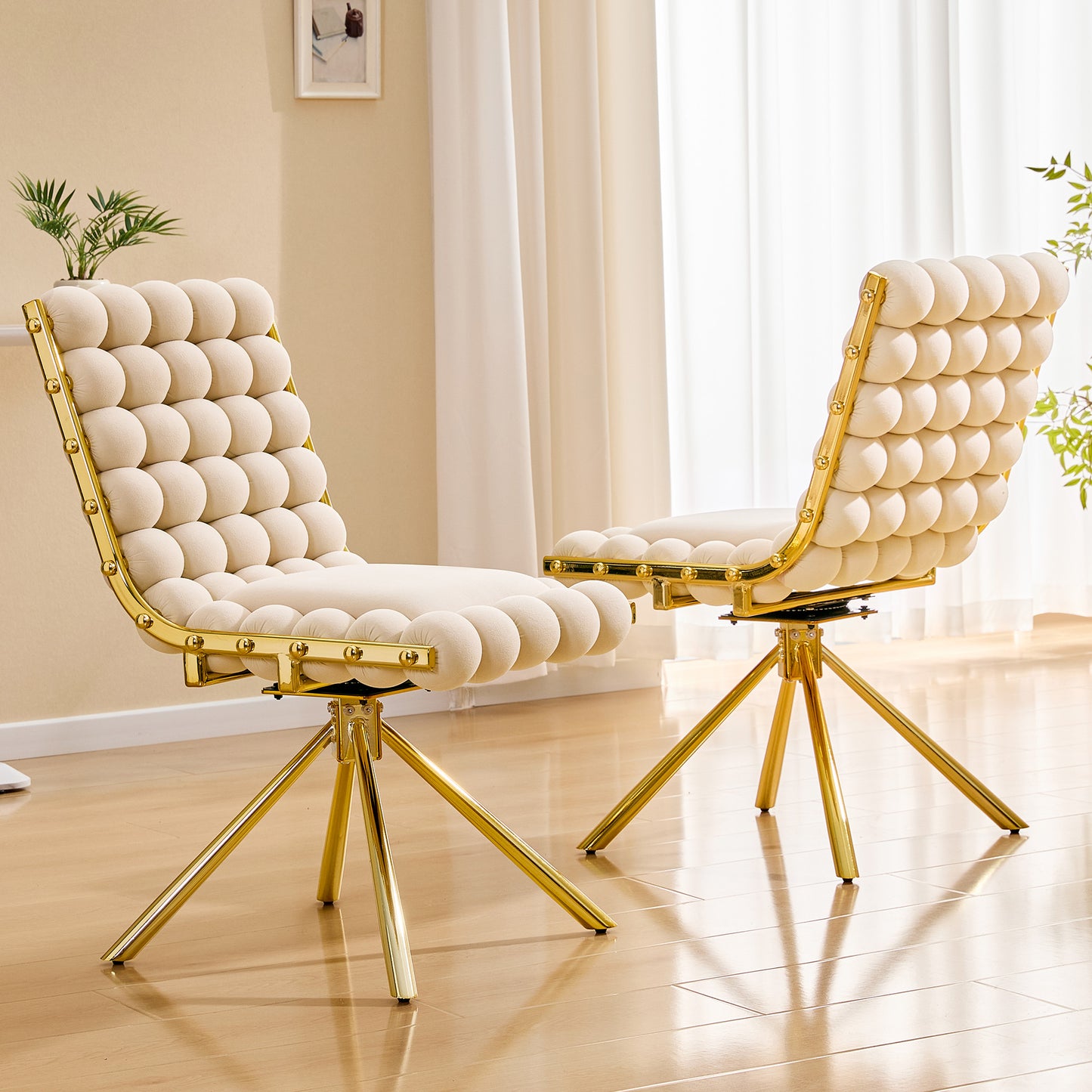 Set Of 2 Cream Bubble Tufted Swivel Accent Chair, Modern Velvet Armless Chair With Gold Metal Frame For Dining Room, Living Room & Vanity Desk
