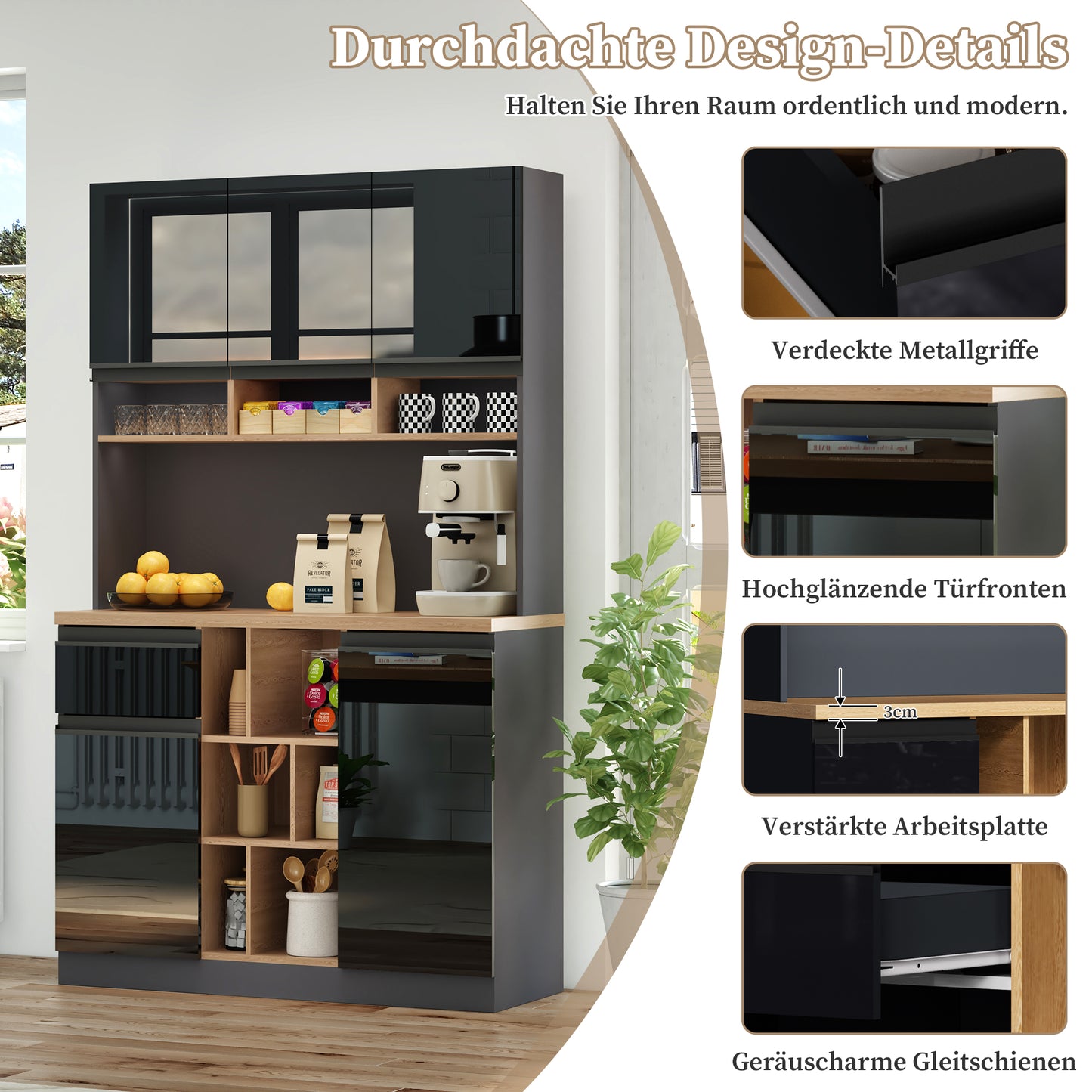 105x45x185cm, Modern Kitchen Cabinet, Buffet, Sideboard, Grey And Black, Metal Handles, Adjustable Shelves, Drawers, Open Storage, Anti-Tilt Accessories, Suitable For Kitchen, Living Room And Bedroom