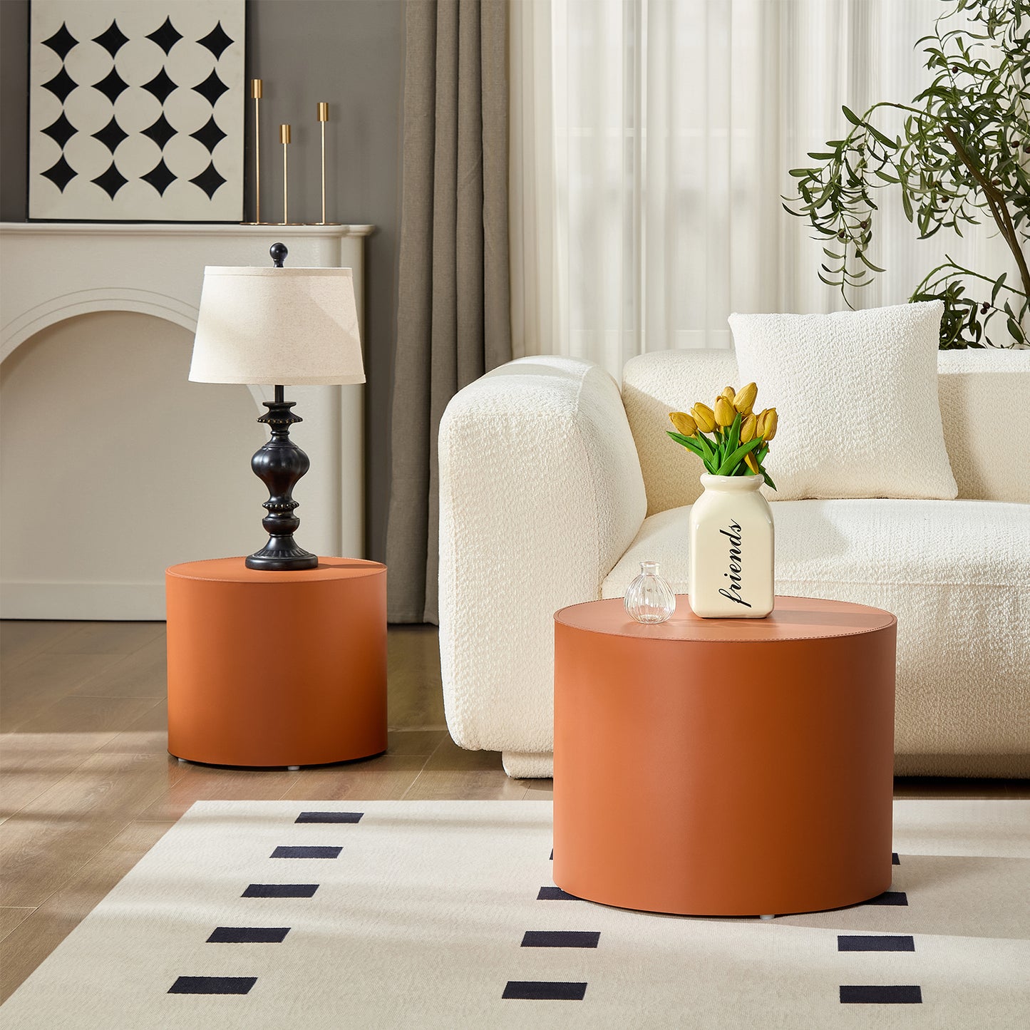 Modern Orange MDF Saddle Leather Table -Compact Sizes, Great For Living Room Decor & Daily Use