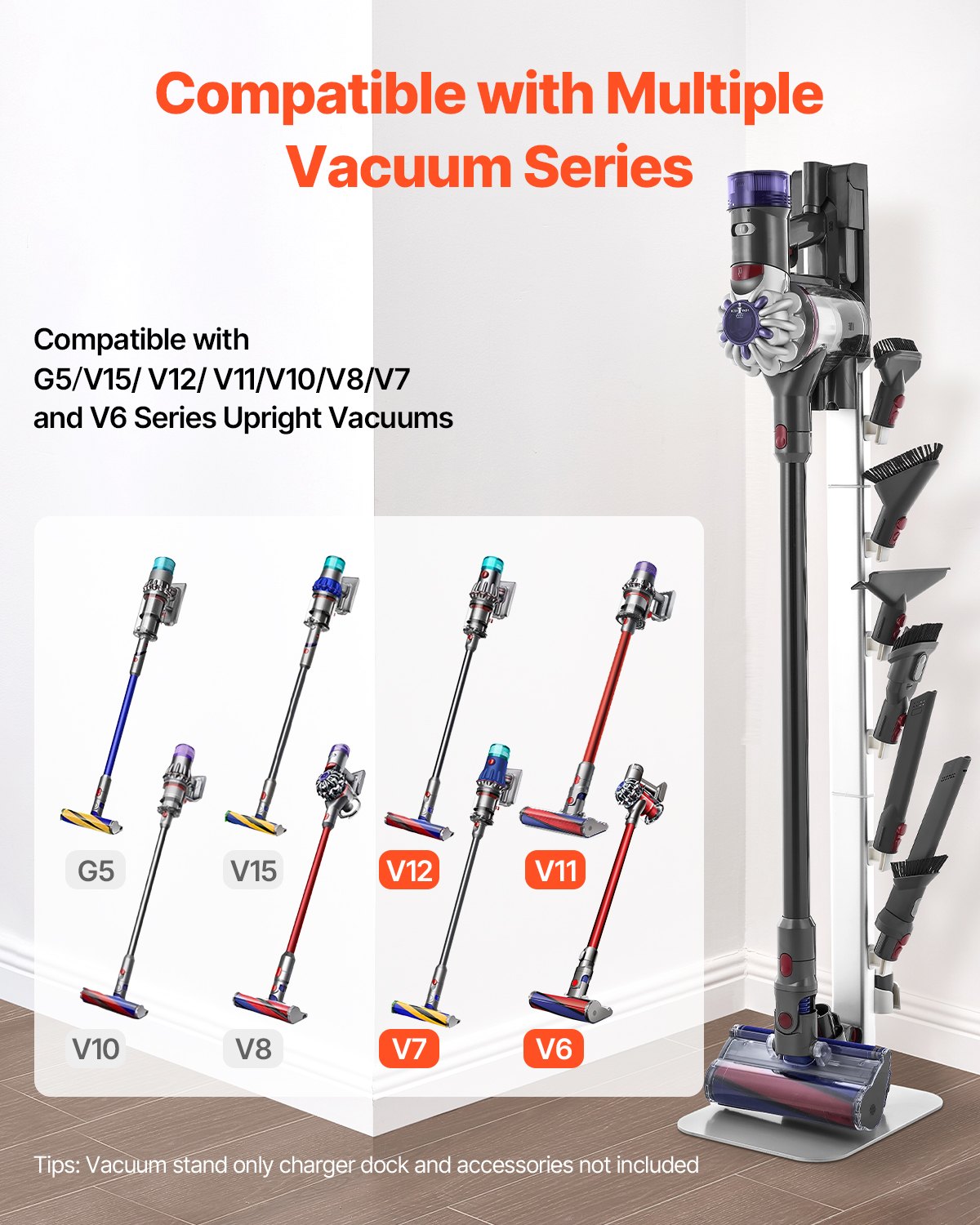 Vacuum Stand, Compatible With Dyson G5 V15 V12 V11 V10 V8 V7 V6 Series Upright Vacuums Cleaners & Accessories, Stable Vacuum Stand Holder With 6 Hooks And Non-slip Footpads, Gray