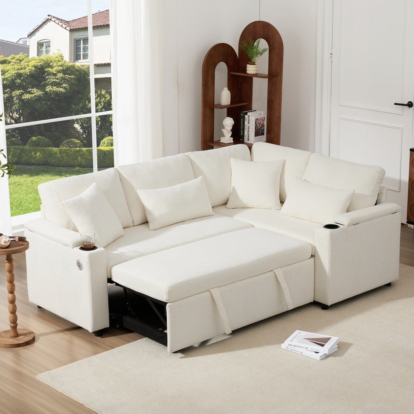 L Shaped Extendable Convertible Corner Sofa With Storage, Cup Holders, USB Charging Port, Armrest Tray And 4 Cushions, Ideal For Living Room, Guest Room And Home Cinema, Beige.