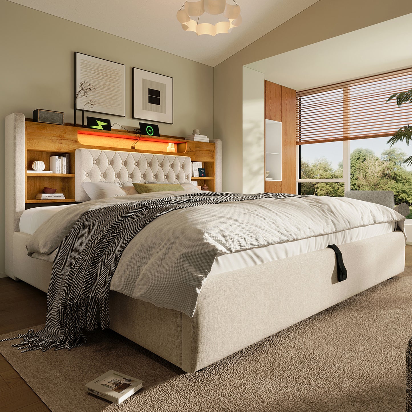 Upholstered Bed 140x190cm With Hydraulic Bed Base & LED Lighting, Bed Frame With USB Type-C Charging Function, Headboard With Shelf & Storage Space, Linen Fabric, Beige  Without Mattress