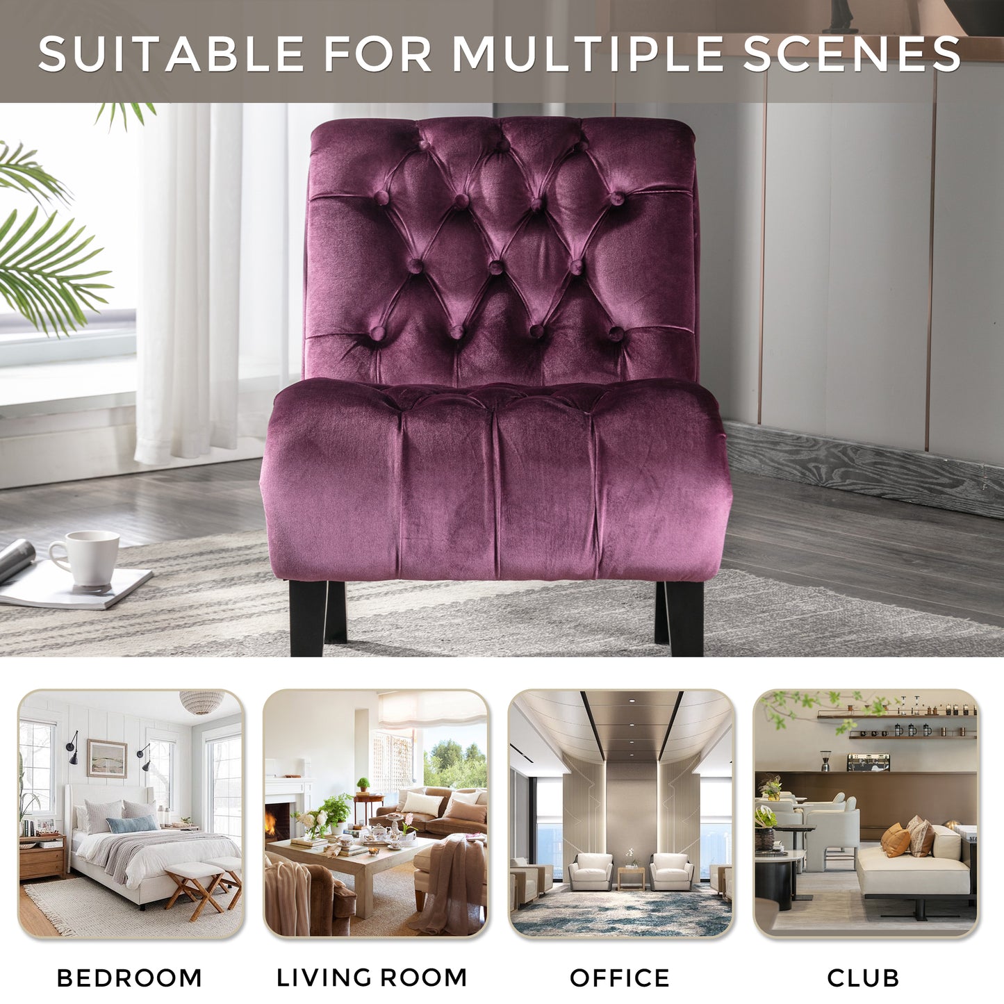 COOLMORE Modern Velvet Armless Accent Living Room Chair   Leisure Chair,Upholstered Fabric Button Comfortable Chair With Wooden Legs For Bedroom, Living Room, Office  Purple Velvet