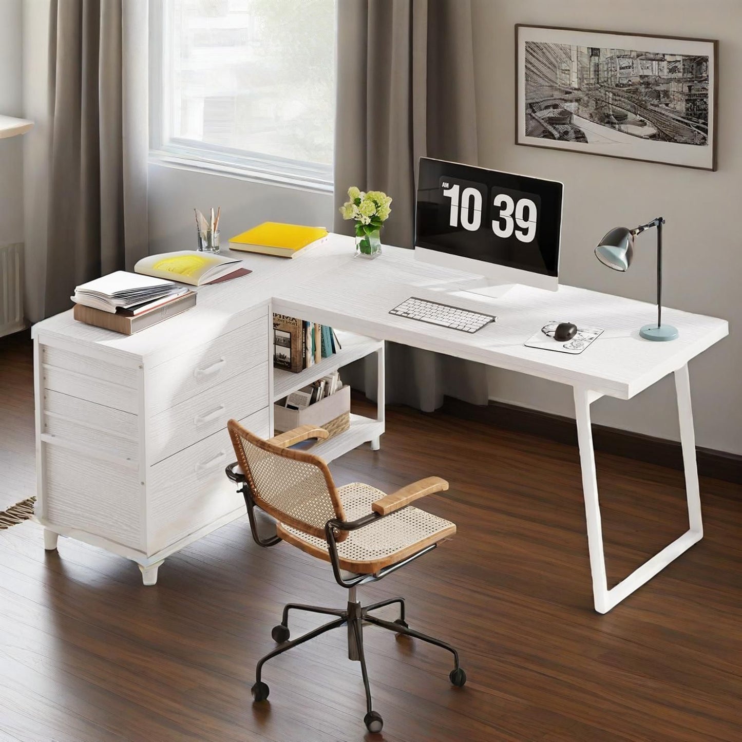 L-Shaped Desk With 3 Drawers, Reversible Corner Home Office Computer Desk With Shelves, 53-Inch Industrial PC Desk Study Writing Table