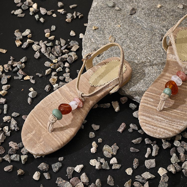Retro Woven Bead Clip Toe Herringbone Sandals For Women's Summer New Fashion Beach Shoes Agate Slippers