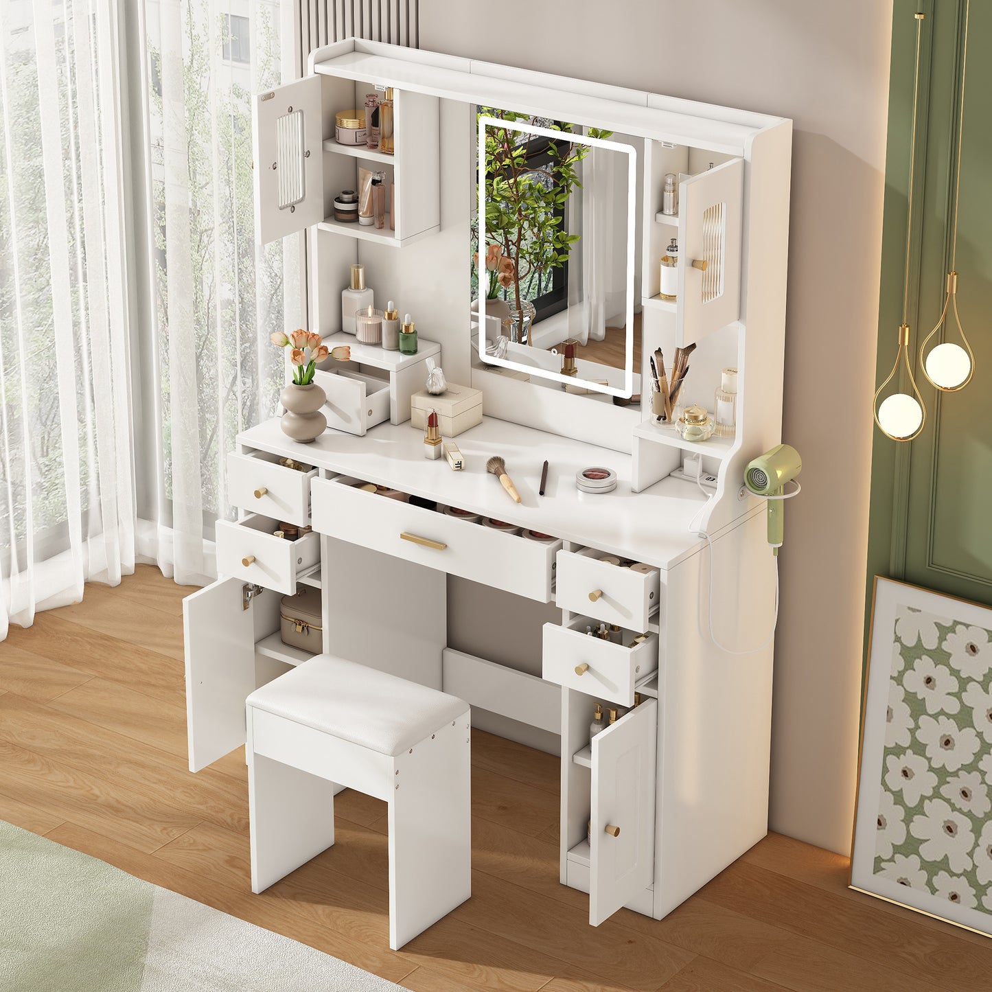 Large Dressing Table With Adjustable LED Lighting And Sockets, Dressing Table With Mirror, 6 Drawers And 4 Doors For The Bedroom, White, Measures 105x152x40 Cm WxHxD