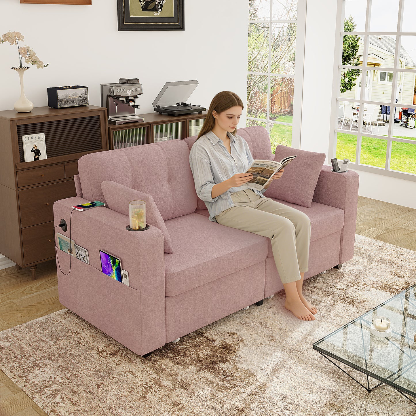 Sofas For Living Room, Couch Set,3 Seats Sofa, USB Charging,Wood Frame,Easy To Install,with Storage, Charging Station,Cup Holder,Modern Sectional Sofas For Living Room, Apartment,Chenille Fabric