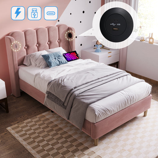 Sofa Bed With USB Type C Charging Function, Bed Frame With Baroque, Cushioned Bed In Pink, 90 X 200 Cm Bed Frame For Youth Bedroom Guest Room - Velvet