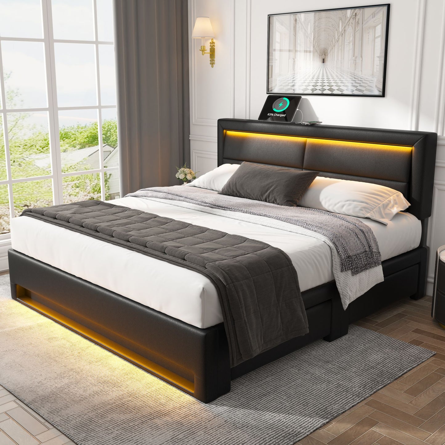 Upholstered Bed 140 X 200 Cm, With USB Port  Supports Wireless And Wired Charging , With LED Lighting And Four Drawers, Without Mattress, PU Lychee Pattern, Black OLD SKU 3256256AAS