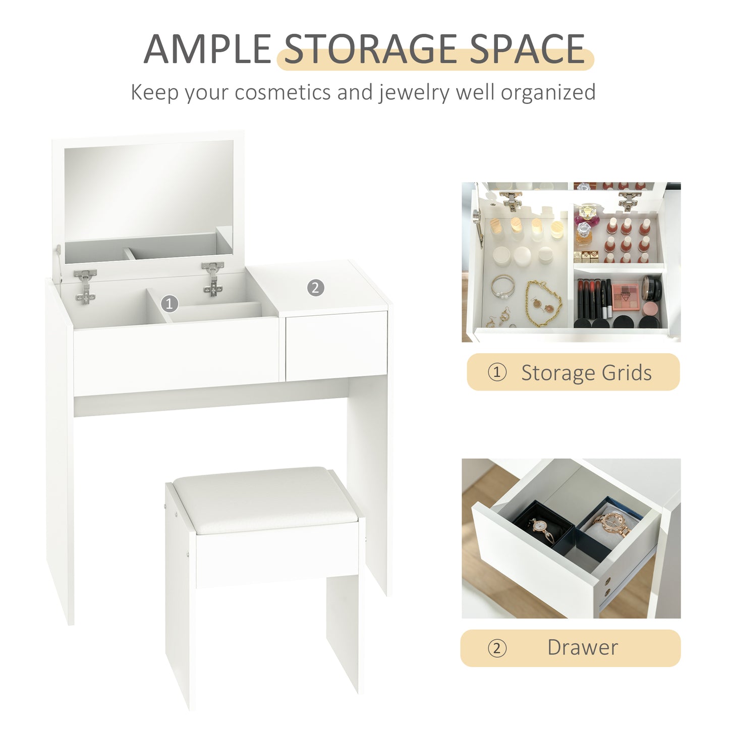 Makeup Desk With Drawer, Vanity Table Set With Flip-up Mirror And Cushioned Stool, White