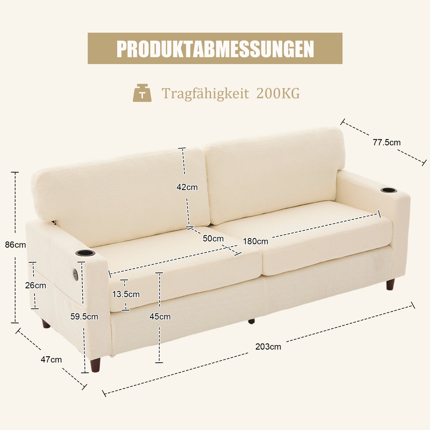 Modern 2-person Chenille Sofa With USB-C, LED Ambiance, Cup Holders And Side Pockets. Wood Metal Frame With Comfort Foam. Ideal For Living Room, Bedroom Or Office. Beige