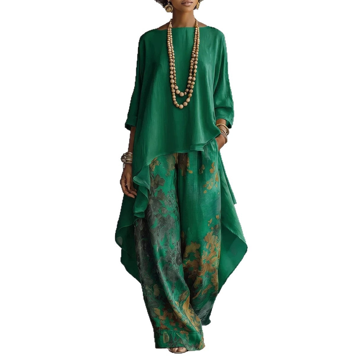 Cotton-Linen Fashion Solid-Color Top And Wide-Leg Pants Two-Piece Set