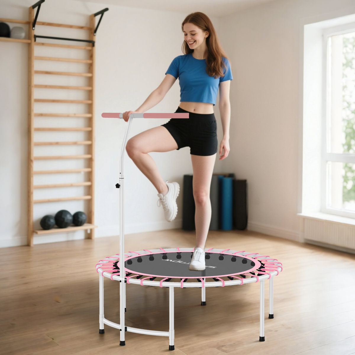SPORTNOW 40 Fitness Trampoline, Mini Rebounder Trampoline For Adults With 5-Level Adjustable Handle, Indoor Exercise Bungee Rebounder, Max Load100KG
