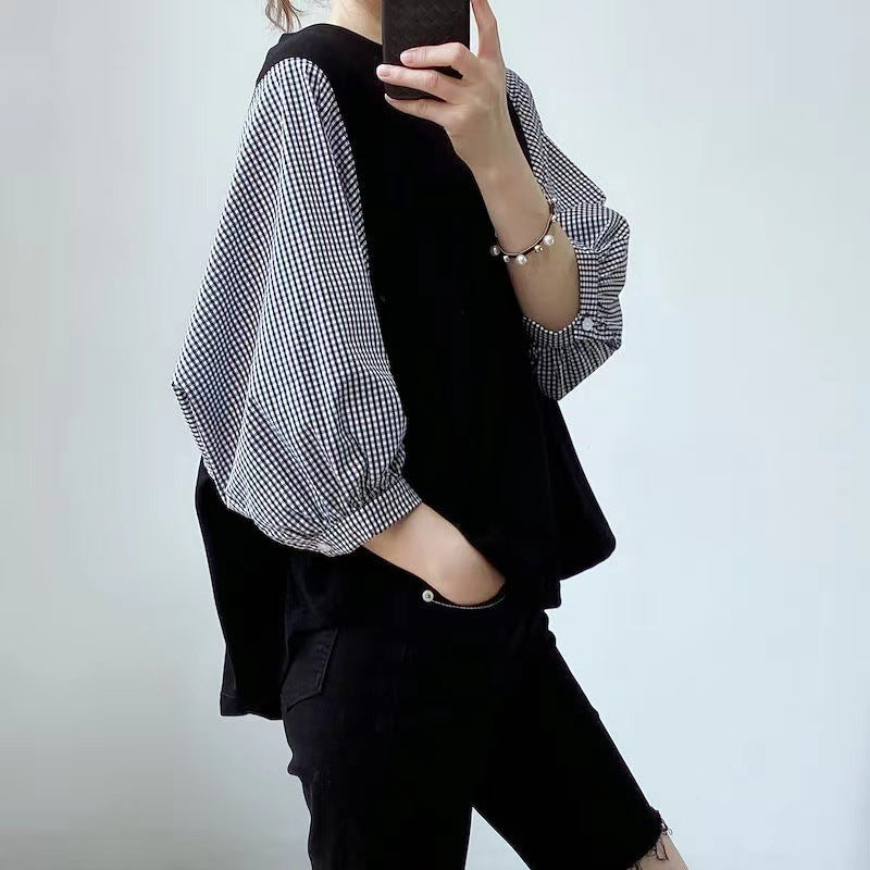 Japanese And Korean Women's Summer Color-blocked Loose Round-neck Top