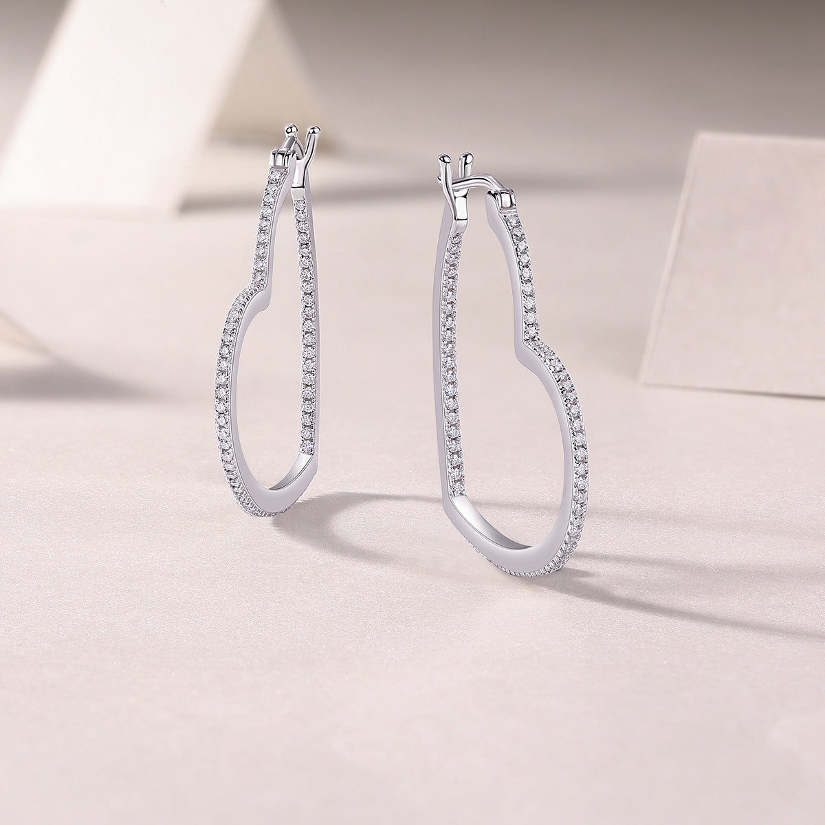 S925 Sterling Silver Open Heart Hoop Earrings, 44 D-VVS1 Moissanite Pave, Platinum Plated 5.4g Women's Jewelry Gift Box