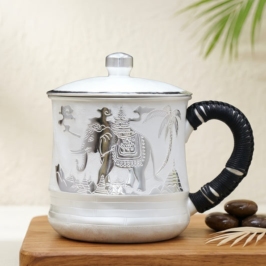 925 Sterling Silver Elegant White Ceramic Mug with Intricate Elephant Temple Engraving and Braided Black Handle-Premium Tea Mug - Handicraft