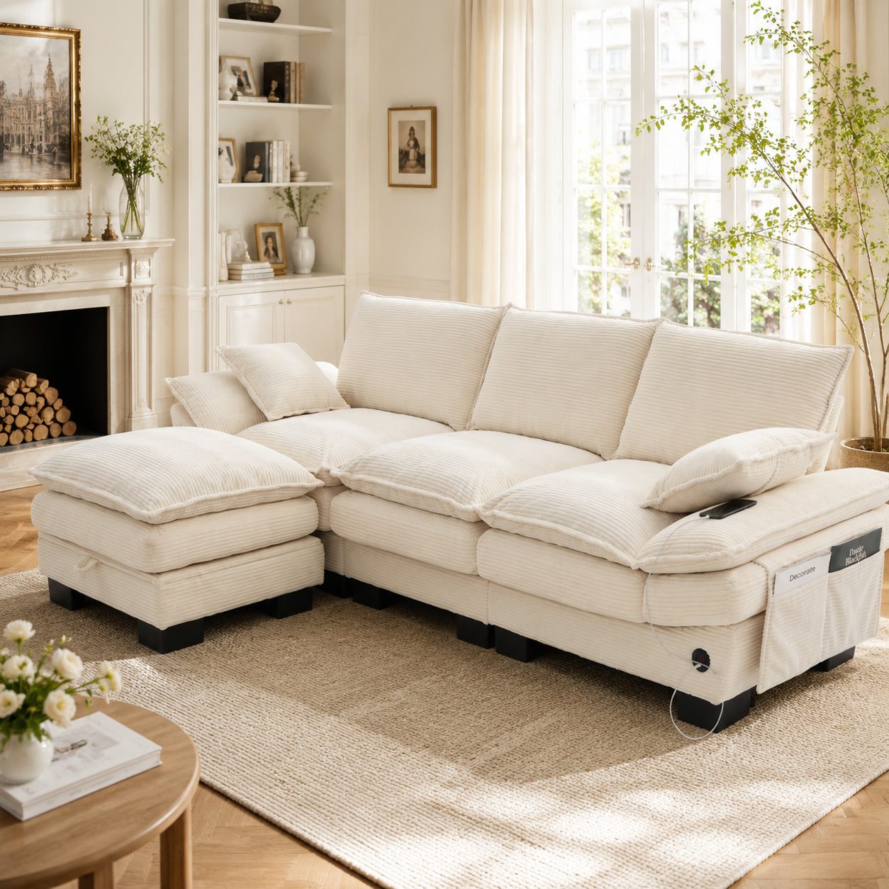 Modular 3-seater Corduroy Sofa  With 1 Stool Wide Seat, Ergonomic Design, High-density Foam Padding, USB-C Port And Side Pockets. Ideal For Living Room, Office Or Lounge.Beige
