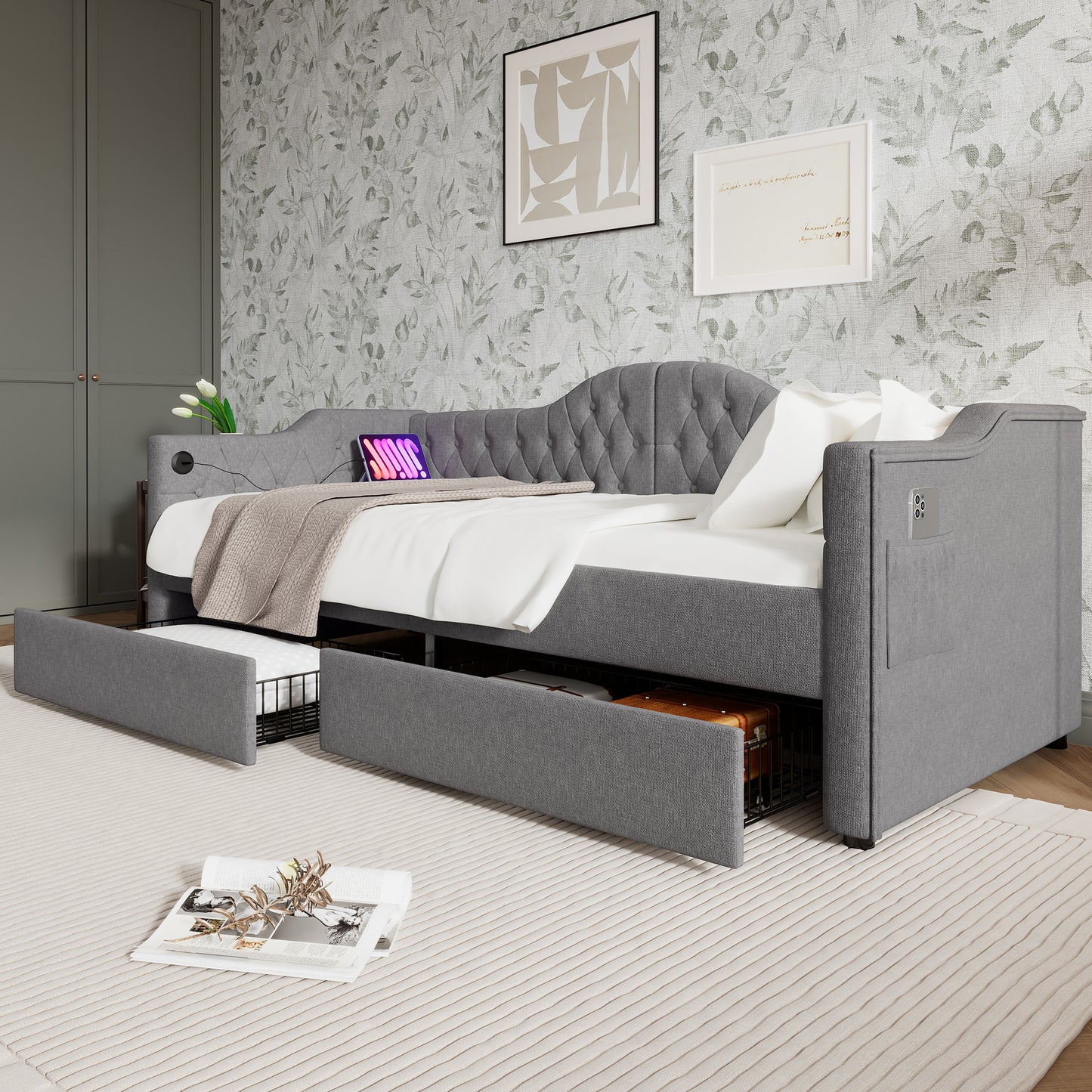 Upholstered Bed Daybed Sofa Bed Storage Beds Bed Frame With USB Type C Charging And 2 Drawers 90x200cm In Grey Linen  Without Mattress