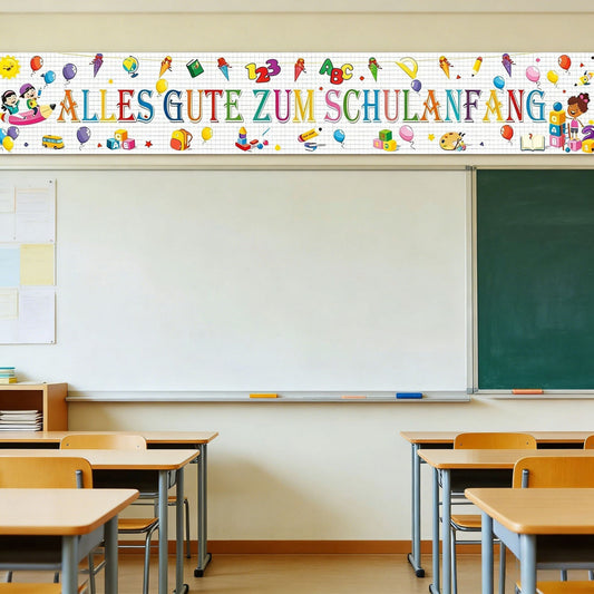 “Happy First Day Of School” Banner, White, 300x50 Cm, For Back-to-School Party Decorations—Desk Labels