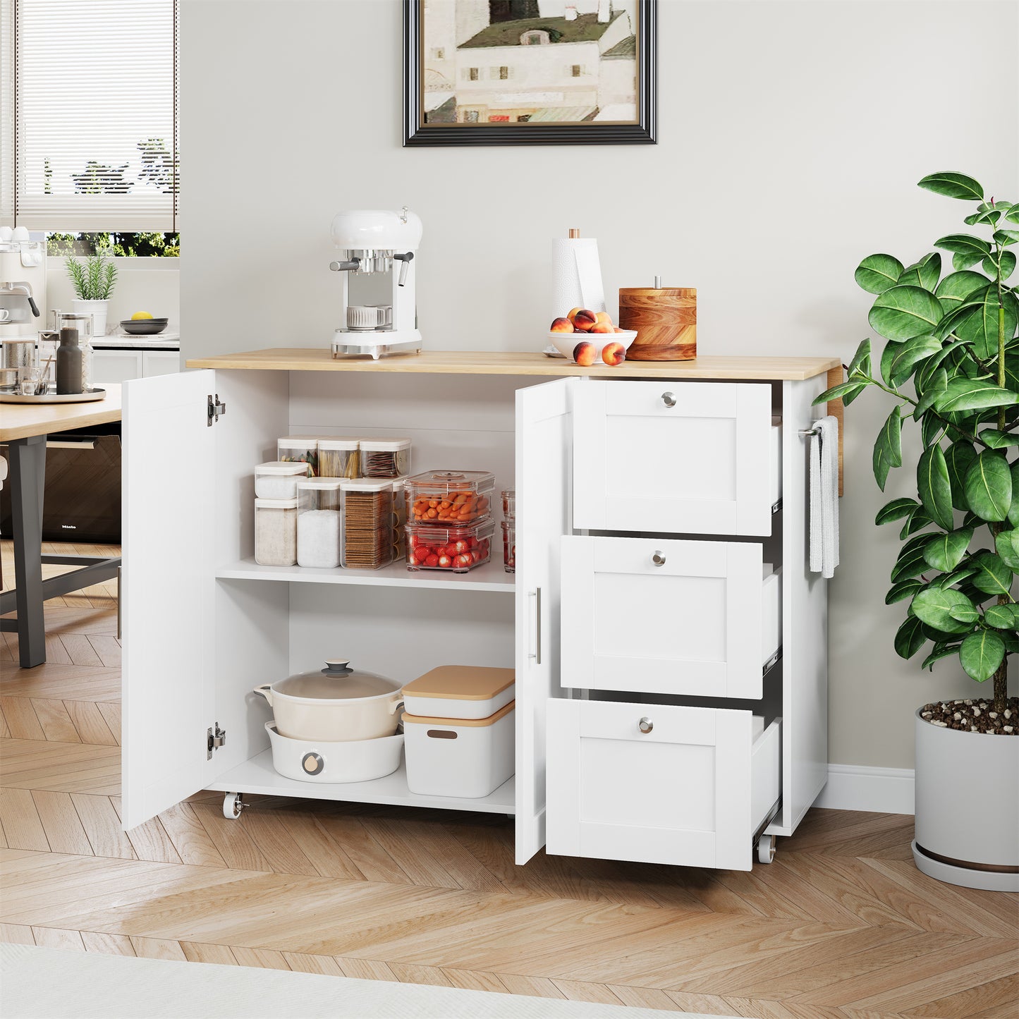 L135XW44XH90cm Large Mobile Kitchen Table, Oak Countertop, Folding Design, Multifunctional Cabinet, 3 Drawers, Towel Rail, Suitable For Kitchen, Dining Room, Home