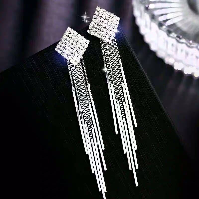 1 Pair 999 Sterling Silver Full Diamond Square Long Tassel Drop Earrings, Sparkly & Elegant, Perfect For Daily, Dating & Parties, Ideal Valentine's Gift